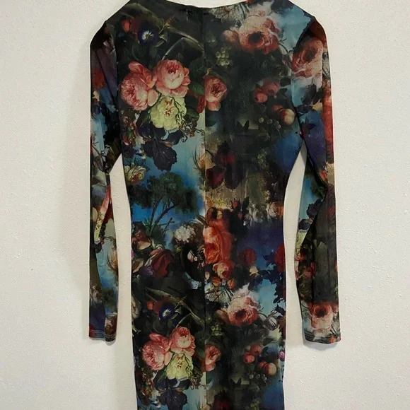 Almost Famous Multicolor Floral Long Sleeve Mesh Bodycon Midi Dress - Picture 6 of 7